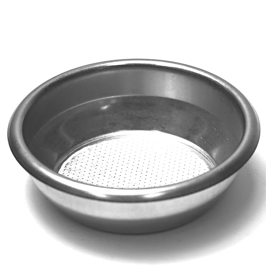 The M..199 14 GRAM 2 CUP FILTER is a round stainless steel strainer bowl with a fine mesh bottom, shown on a white surface. © 2025 1st-line.com