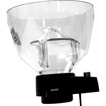 The Mazzer SZMSCAEU2/QQQ ZM Filter Hopper holds 320 grams and features a clear plastic body with a black base, designed for pet food dispensers and compatible with Mazzer systems. Shown isolated on white background. © 2025 1st-line.com