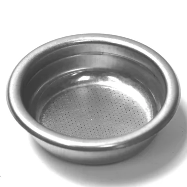 The Nuova Simonelli 14 GRAM 2 CUP FILTER is a stainless steel filter basket with fine holes, designed to hold 14 grams of ground coffee for espresso machines, shown on a white background. © 2025 1st-line.com