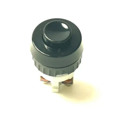 The P..231 Black Single Pole Push-Button switch (250V, 0.7A) features a round top and metallic base, shown against a white background. © 2025 1st-line.com