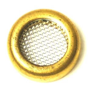 The R..246 GIGLEUR/GICLEUR FILTER is a round, gold-colored metal mesh screen, often used as a pipe or bong bowl filter. © 2025 1st-line.com