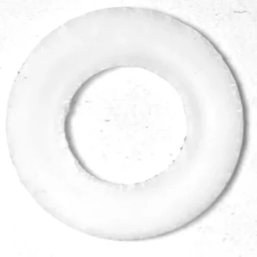 The R...69 PTFE GASKET 18x9x0.5mm, a circular white gasket with a smooth doughnut-shaped design, is centered on a plain light background and casts a faint shadow that highlights its three-dimensional shape. © 2025 1st-line.com