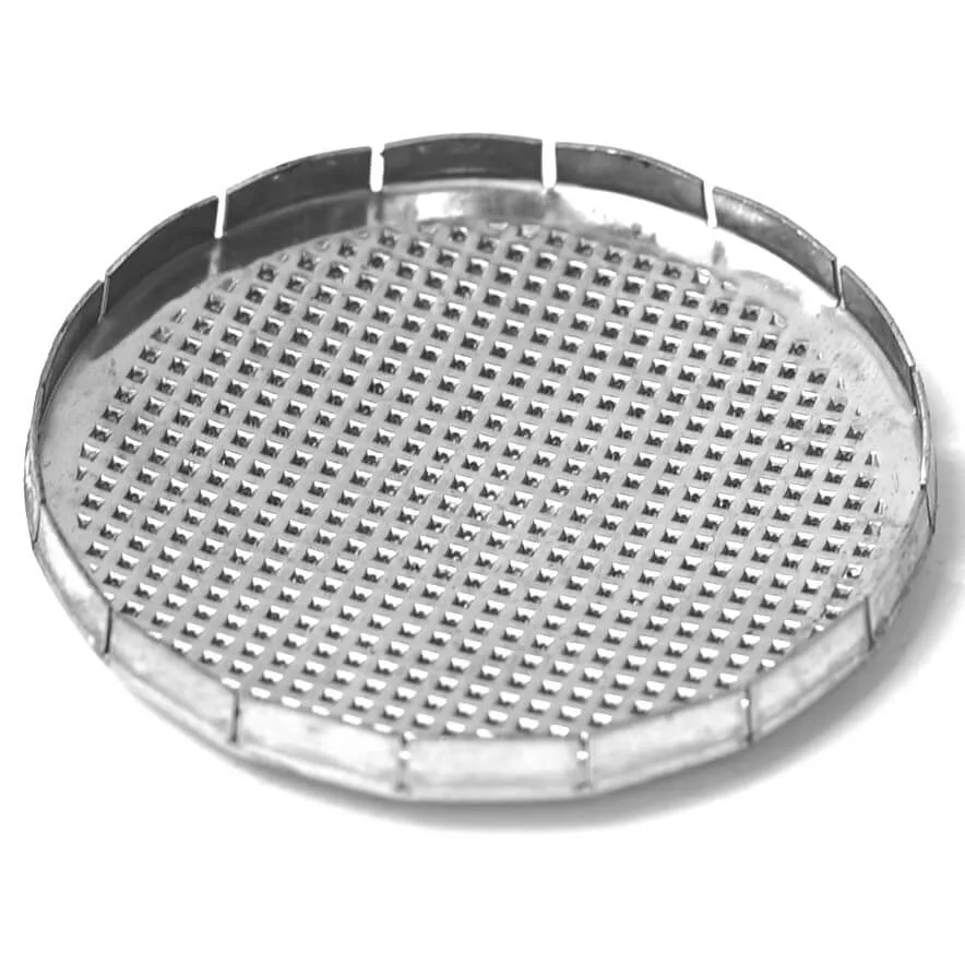 The R...99 GASKET HOLDER SUPPORT is a round metal mesh screen with a raised rim, used as a filter, sieve, or gasket support, shown angled against a white background. © 2025 1st-line.com