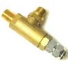 The Rancilio Short Steam/Hot Water Tap is a brass Y-shaped fitting with threaded ends and a metal hex nut, ideal for connecting pipes or hoses in Hot Water or Steam Tap setups, such as those found in Rancilio machines. © 2025 1st-line.com