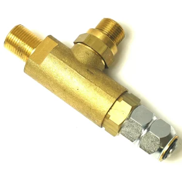 The Rancilio Short Steam/Hot Water Tap is a brass Y-shaped fitting with threaded ends and a metal hex nut, ideal for connecting pipes or hoses in Hot Water or Steam Tap setups, such as those found in Rancilio machines. © 2025 1st-line.com