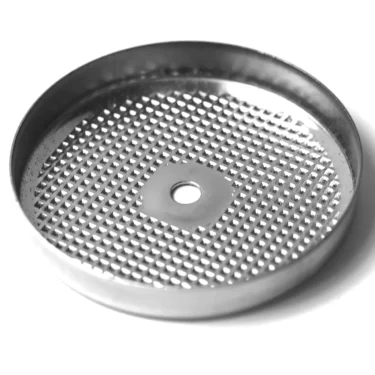 The RC.126 STAINLESS STEEL SHOWER is a round disk with a raised edge and a grid of small bumps around a central hole, photographed on a white background. © 2025 1st-line.com