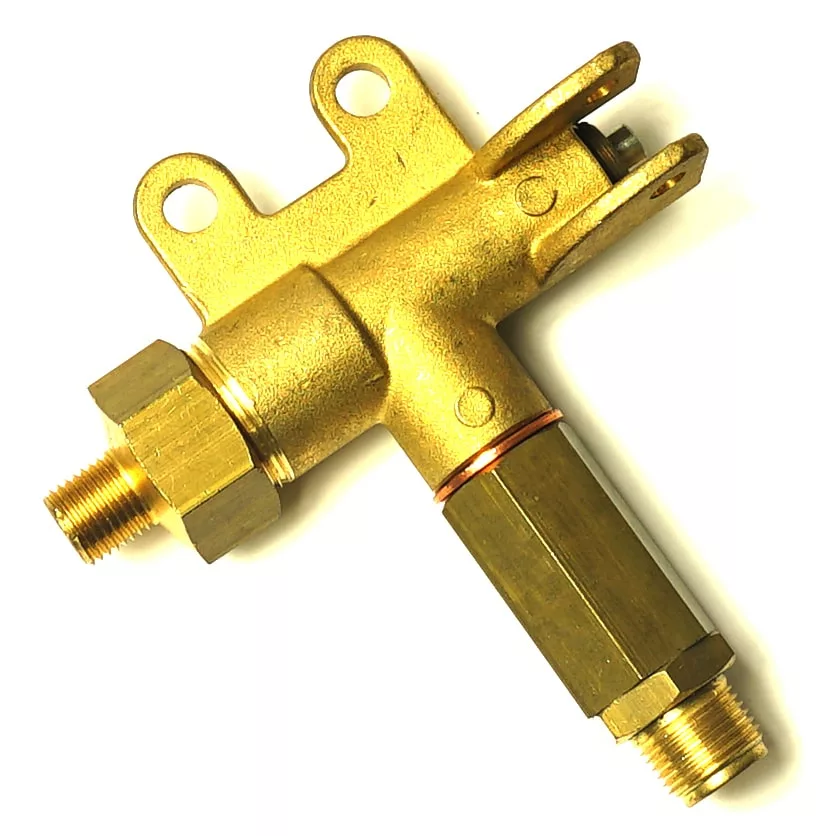 The SM.333 INLET TAP is a brass T-shaped plumbing fitting with threaded connectors and mounting holes, shown on a white background. © 2025 1st-line.com