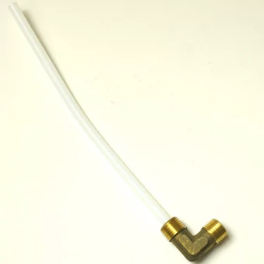 The SM.464 1 WAY PIPE brass elbow connector has dual threaded ends and is attached to a bent white plastic tube, displayed against a plain light background. © 2025 1st-line.com