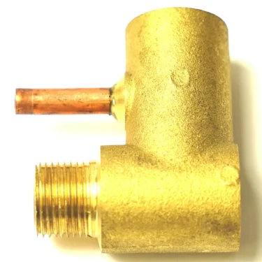 The SM..93 GASKET HOLDER is a brass plumbing fitting with a threaded male end, a perpendicular copper pipe connection, and a cylindrical vertical body. © 2025 1st-line.com