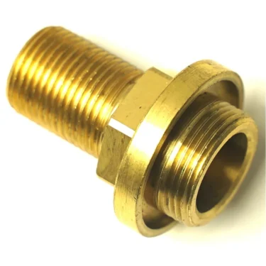 The SP.126 LEVEL SUPPORT FITTING is a brass pipe fitting with external threads on both ends and a hexagonal nut center, ideal for providing level support in plumbing or mechanical connections. © 2025 1st-line.com