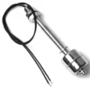 The SP.128 FLOATING LEVEL stainless steel sensor has a cylindrical float, a threaded mounting base, and two black electrical wires extending from the top. © 2025 1st-line.com