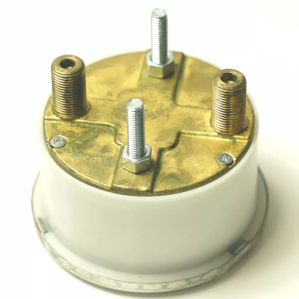 The SP.189 BOILER-PUMP DOUBLE SCALE PRESSURE GAUGE 2.5/15 bar features a cylindrical body with a brass top, three threaded metal terminals, and a white plastic base, commonly used in boiler pump systems. © 2025 1st-line.com