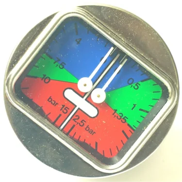 The SP.189 BOILER-PUMP DOUBLE SCALE PRESSURE GAUGE 2.5/15 bar features dual needles, colorful green, blue, and red zones, and bold numbers—its face-like design makes it perfect for precise boiler pump monitoring. © 2025 1st-line.com