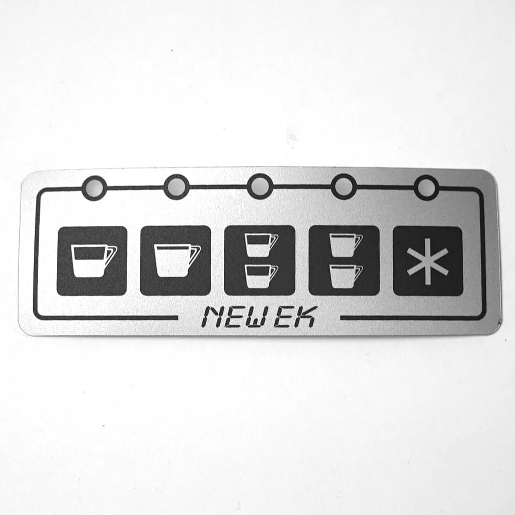 The SP.210 POD FILTER features a metallic panel with five black icons—single cup, large cup, two cups, two large cups, and an asterisk—plus the NEWEK brand and model printed below for easy identification. © 2025 1st-line.com