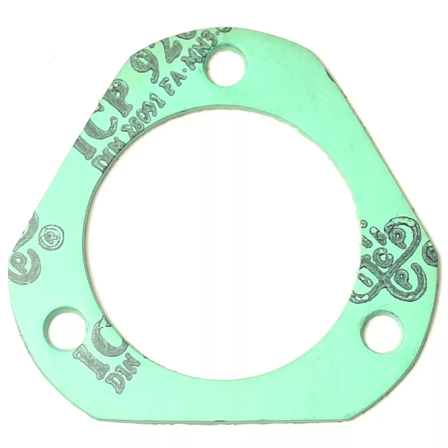 The SP.256 TRIANGULAR RESISTANCE GASKET is green with a large central hole, three smaller bolt holes near the edges, and features black printed text and symbols on its surface. © 2025 1st-line.com