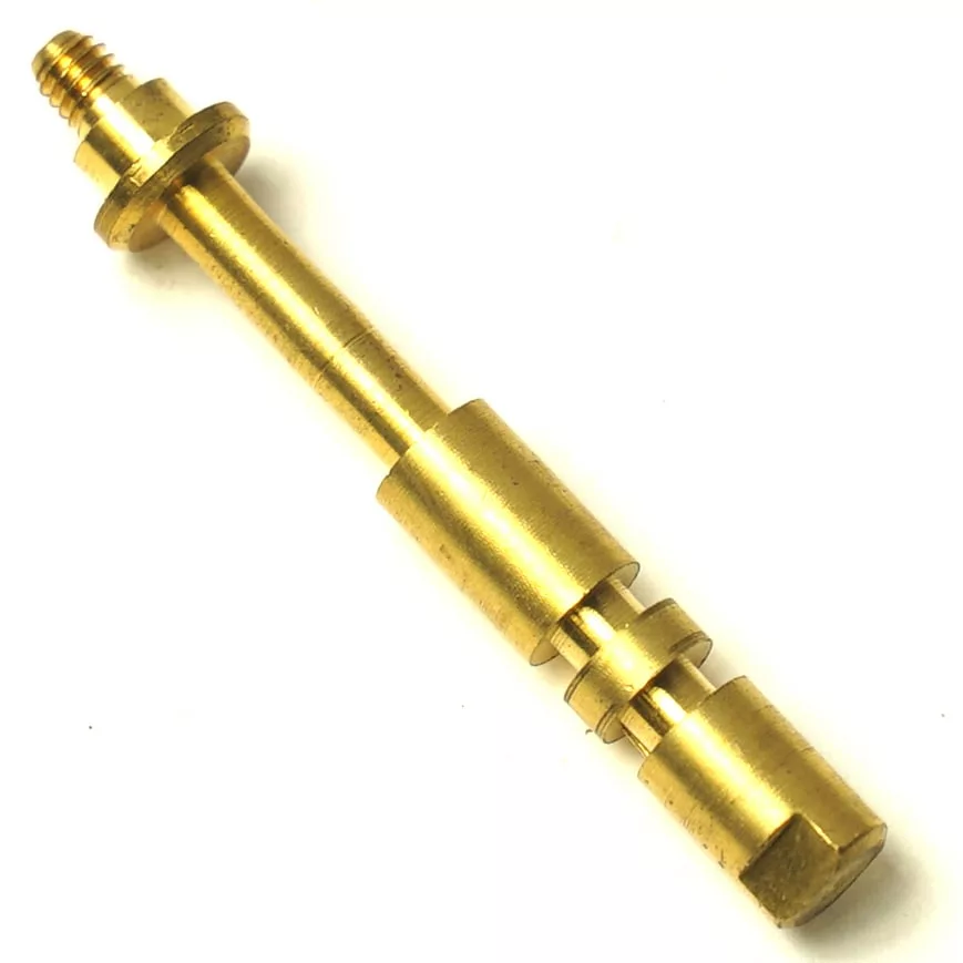 The SP..88 STEAM TAP GASKET HOLDER is a brass metal shaft with multiple cylindrical segments, a threaded end, and a square-edged tip, ideal for use as a steam tap or gasket holder. Displayed on a plain white background. © 2025 1st-line.com