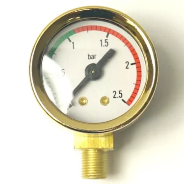 The SRLGLGAUGE Golden Manometer for Pavoni Boiler (0-2.5 Bar) features a brass fitting, color-coded scale (green, black, red), and currently shows a pressure reading of 1.5 bar. © 2025 1st-line.com