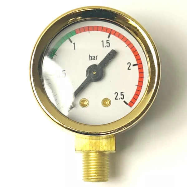 The SRLGLGAUGE Golden Manometer for Pavoni Boiler (0-2.5 Bar) features a brass fitting, color-coded scale (green, black, red), and currently shows a pressure reading of 1.5 bar. © 2025 1st-line.com