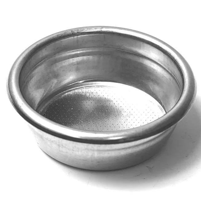 The UNI.18 14GRAM 2 CUP FILTER is a metal espresso basket with small bottom holes, designed to hold 14 grams of ground coffee in an espresso machine. © 2025 1st-line.com