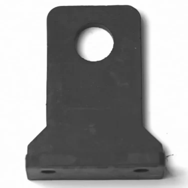 The V.1449 PUMP SUPPORT BRACKET is a flat black metal bracket featuring a large circular hole near the top, two smaller holes at the bottom corners, a wide rectangular bottom, and a narrower rounded top. © 2025 1st-line.com