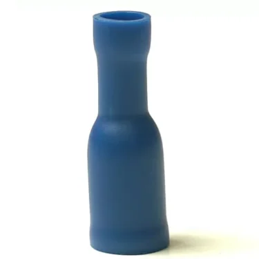 The V.1498 5mm Female Round Protection Terminal features a blue insulated, cylindrical body with flared end, designed for crimping onto wires to ensure secure connections. © 2025 1st-line.com