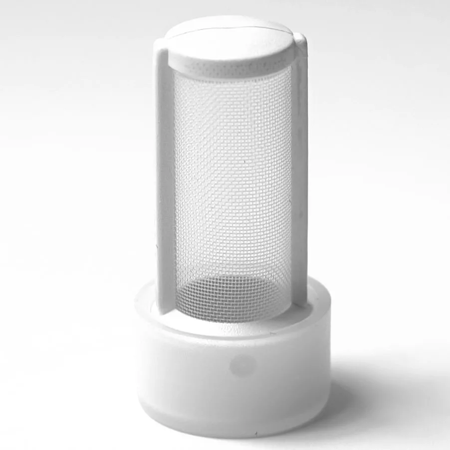 The V.1616 260 MICRON 8mm WATER FILTER is a cylindrical white plastic filter with a fine mesh screen, designed to trap small particles and can stand upright on a plain white background. © 2025 1st-line.com