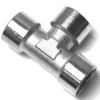 The V.1862 1/2F T-FITTING is a shiny metal fitting with threaded openings on all three ends, designed to connect three pipe sections at right angles. © 2025 1st-line.com