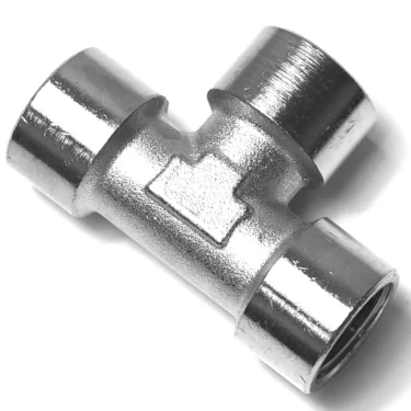 The V.1862 1/2F T-FITTING is a shiny metal fitting with threaded openings on all three ends, designed to connect three pipe sections at right angles. © 2025 1st-line.com