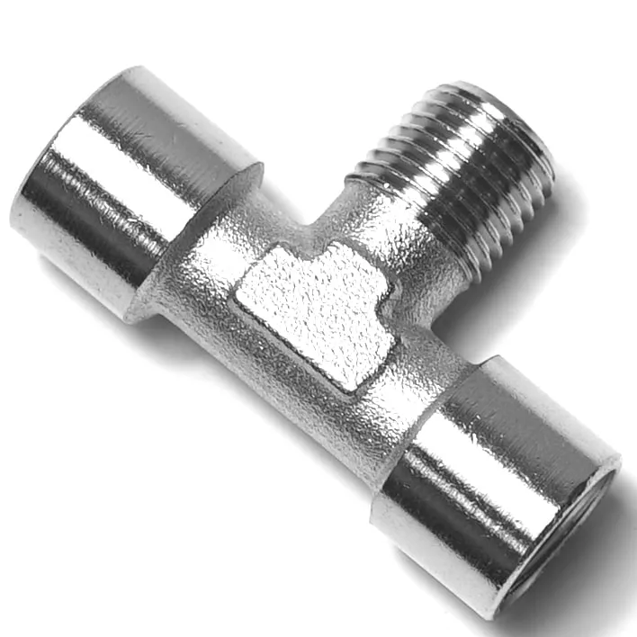 The V.1864 1/4Fx1/4Mx1/4F T Fitting is a metal pipe connector with two 1/4 female and one 1/4 male ends, perfect for connecting three pipes in plumbing or industrial applications. © 2025 1st-line.com