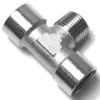 The V.1866 1/2Fx1/2Mx1/2F T-FITTING has a shiny silver finish, two female and one male threaded ends, and is commonly used for plumbing connections. © 2025 1st-line.com