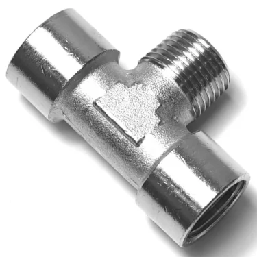 The V.1866 1/2Fx1/2Mx1/2F T-FITTING has a shiny silver finish, two female and one male threaded ends, and is commonly used for plumbing connections. © 2025 1st-line.com