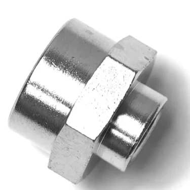 The V.2197 1/8 x 3/8 Female Fitting, a shiny metallic hexagonal connector with a round body, is shown angled on a white background. © 2025 1st-line.com