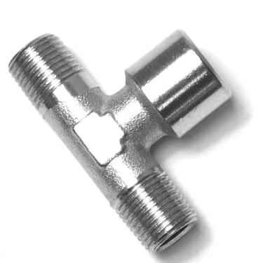 The V.2268 1/8 CENTRAL FEMALE T-FITTING has two male threaded ends and one female threaded opening, shown on a white background. © 2025 1st-line.com