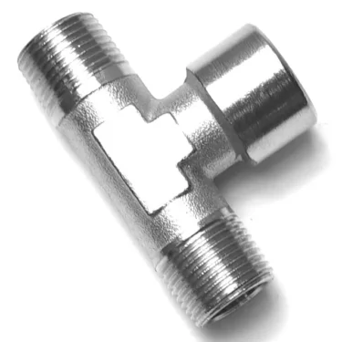 The V.2270 3/8 Central Female T-Fitting is a shiny metal connector with three threaded ends, featuring a central female port for joining plumbing or hydraulic pipes. © 2025 1st-line.com