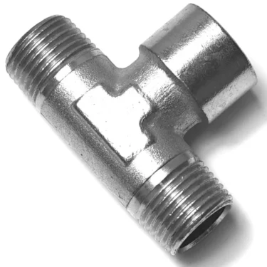 The V.2271 1/2 Central Female T-Fitting has two male threaded ends and a central female outlet, ideal for connecting three pipes in plumbing or industrial systems. © 2025 1st-line.com