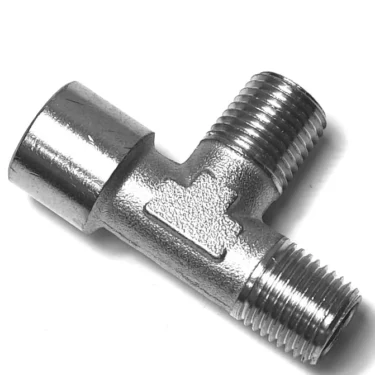The V.2273 1/4 LATERAL FEMALE T-FITTING is a metallic, threaded connector for joining three pipes, shown on a white background. © 2025 1st-line.com