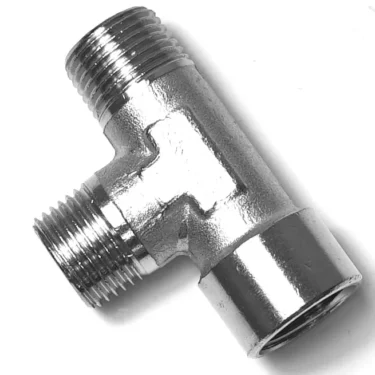 The V.2275 1/2 Lateral Female T-Fitting is a shiny metal connector with three openings—two threaded male ends and one threaded female end—ideal for plumbing or pipe connections. © 2025 1st-line.com