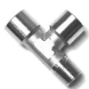 The V.2277 1/4 LATERAL MALE T-FITTING is a metal, Y-shaped connector with two upper openings and a 1/4 threaded bottom opening for joining pipes or hoses. © 2025 1st-line.com