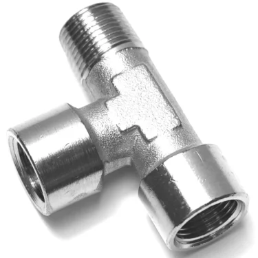 The V.2278 3/8 LATERAL MALE T-FITTING connects three pipes at right angles with 3/8 threaded ends, providing a secure and durable metal junction. © 2025 1st-line.com