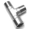 The V.2278 3/8 LATERAL MALE T-FITTING is a durable, industrial pipe fitting with threaded ends and silver finish, designed to securely connect three pipe sections. © 2025 1st-line.com