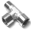 The V.2279 1/2 LATERAL MALE T-FITTING is a shiny metal fitting with threaded ends, ideal for connecting three pipes. © 2025 1st-line.com