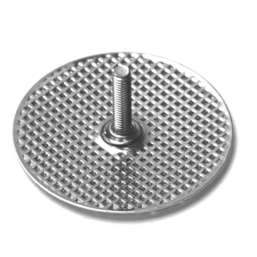 The V.4023 INLET PASS-THROUGH FILTER has a metal disc with a grid pattern, a central threaded bolt extending upward, and is secured by a hexagonal nut. The product is shown against a plain white background. © 2025 1st-line.com