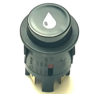 The V.4246 25mm WATER PUSH-BUTTON is a round, black switch with a white water droplet icon on top, shown from above against a white background. © 2025 1st-line.com