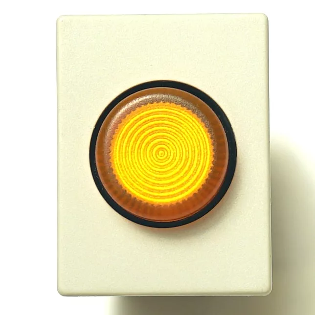 The V.4281 LAMP + ORANGE SWITCH features a rectangular white box with a prominent orange, textured switch with concentric rings at the center. © 2025 1st-line.com