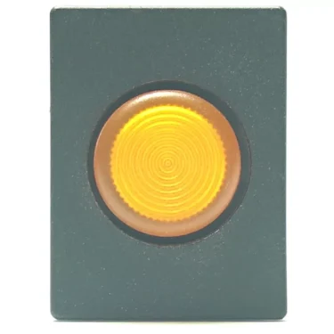 The V.4282 24V LAMP + ORANGE SWITCH features a rectangular dark gray panel with a central large circular yellow lamp with concentric ridges and an adjacent orange switch. © 2025 1st-line.com