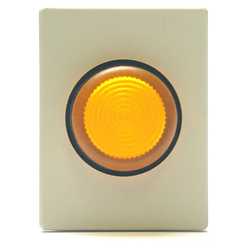 The V.4282 24V LAMP + ORANGE SWITCH features a rectangular light-colored panel with a large, round yellow textured push button in the center, accented by a dark border—designed in the style of an orange switch and 24V lamp. © 2025 1st-line.com