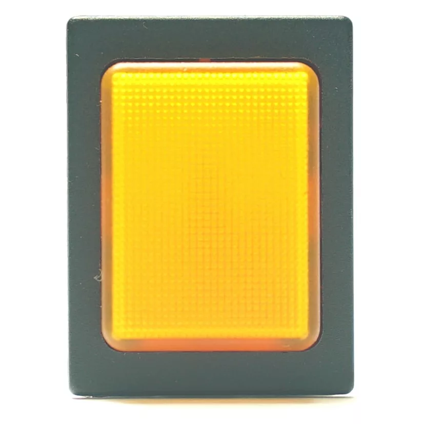 The V.4286 YELLOW PUSH-BUTTON is a rectangular rocker switch with a textured yellow surface, set in a black frame and shown against a white background. © 2025 1st-line.com