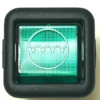 The V.4349 BLACK SWITCH is a green square switch with a black frame and a white wavy line icon in a circle, indicating the rear window defroster function. © 2025 1st-line.com