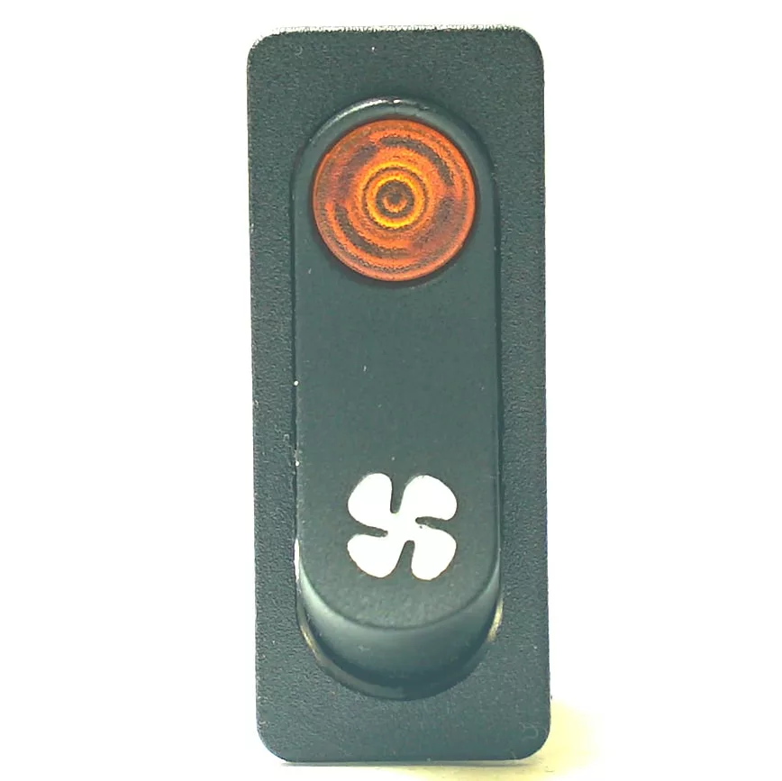The V.4358 Orange Light Momentary Rocker Switch is a black, rectangular switch with an orange indicator at the top and a white fan symbol at the bottom, displayed on a white background. © 2025 1st-line.com