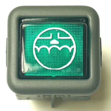 The V.4409 START PUSH-BUTTON is a green rectangular dashboard button with a white icon of a windshield and three upward wavy arrows, representing the defrost or defogger function. © 2025 1st-line.com